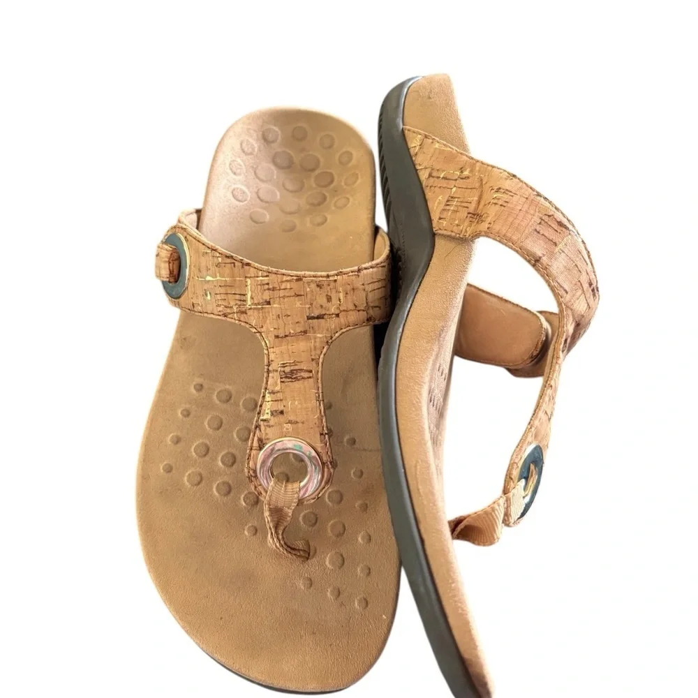 Vionic Lana Taupe/Gold Cork Thong Sandal Slide Sz 8 Comfort Podiatrist Crafted